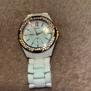Womens GUESS white and gold watch